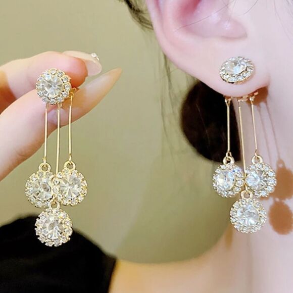 Clear White Baguette Diamond Cluster Dangle Earrings 14K Gold 925 Silver - Picture 6 of 10